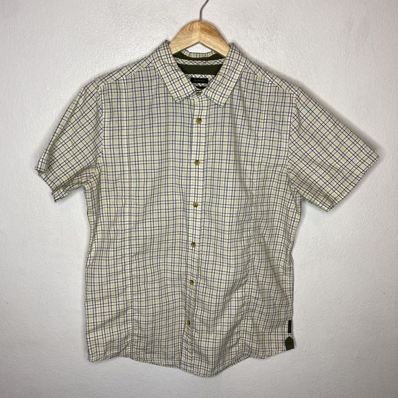 Prana Yellow And‎ Gray Plaid Button Up Short Sleeve Shirt Slim Fit Mens Smalll - Picture 1 of 9